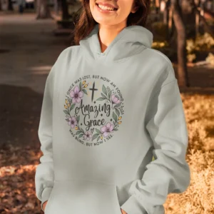 Amazing Grace Christian Hoodie with floral cross design and faith message