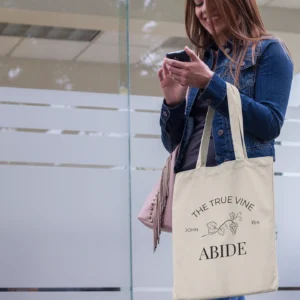 The True Vine Christian Tote Bag with Abide design inspired by John 15:4